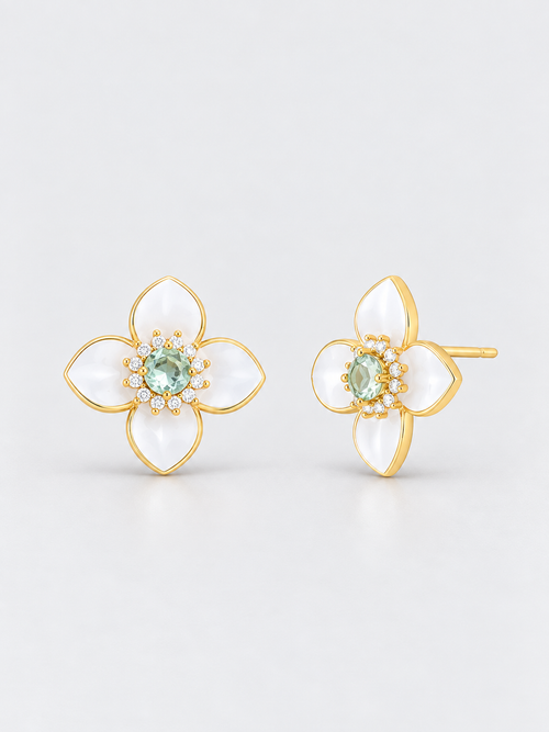 BALBINO Alba floral stud earrings with aquamarine and white enamel petals