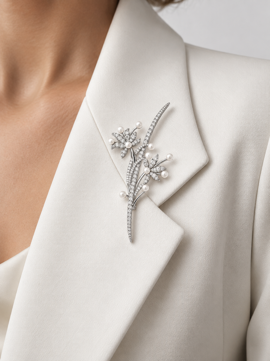 Pearl Bloom Brooch from the BALBINO Brooch Atelier worn on a blazer