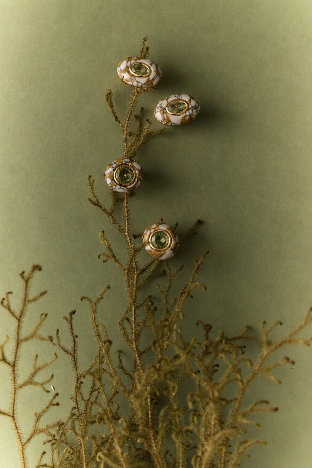 BALBINO LITHOS jewellery arranged above delicate botanical stems against a dark green background