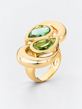 BALBINO MIDORI flower ring with green crystals and sculptural golden forms
